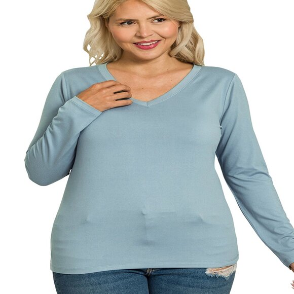 Zenana Plus brushed microfiber long sleeve V-neck tee size 1x-3x Color Blue Grey - Picture 1 of 2